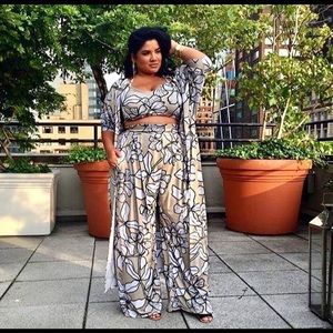 Flower print Kimono crop top wide leg pants